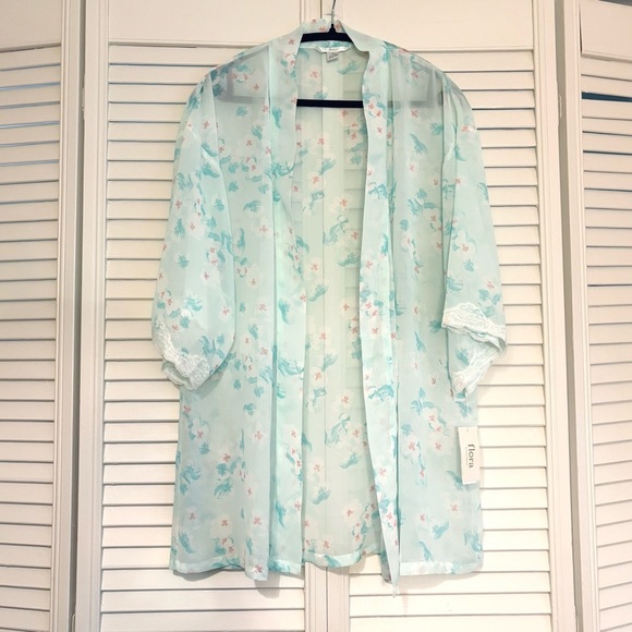 NWT Flora Nikrooz Open Front Robe Kimono Floral Blue Size Small Medium - Picture 1 of 8